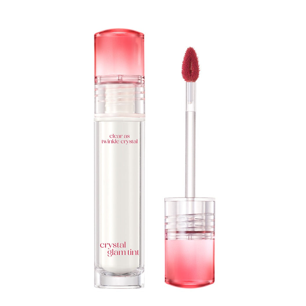 Clio Crystal Glam Tint lip tint in a sleek tube, showcasing shimmering, vibrant color for a glossy, youthful lip look.