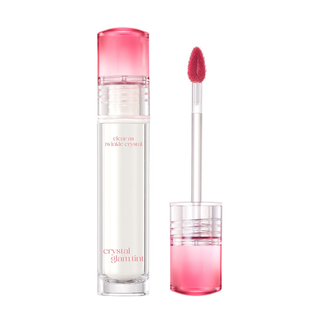 Clio Crystal Glam Lip Tint in a sleek tube, showcasing a vibrant, glossy lip tint with shimmering finish for a luminous look.
