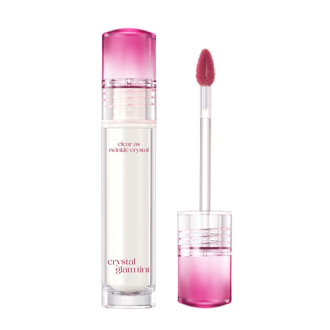 Clio Crystal Glam Lip Tint in a sleek tube, showcasing its transparent packaging and vibrant pink shade for glossy lips.