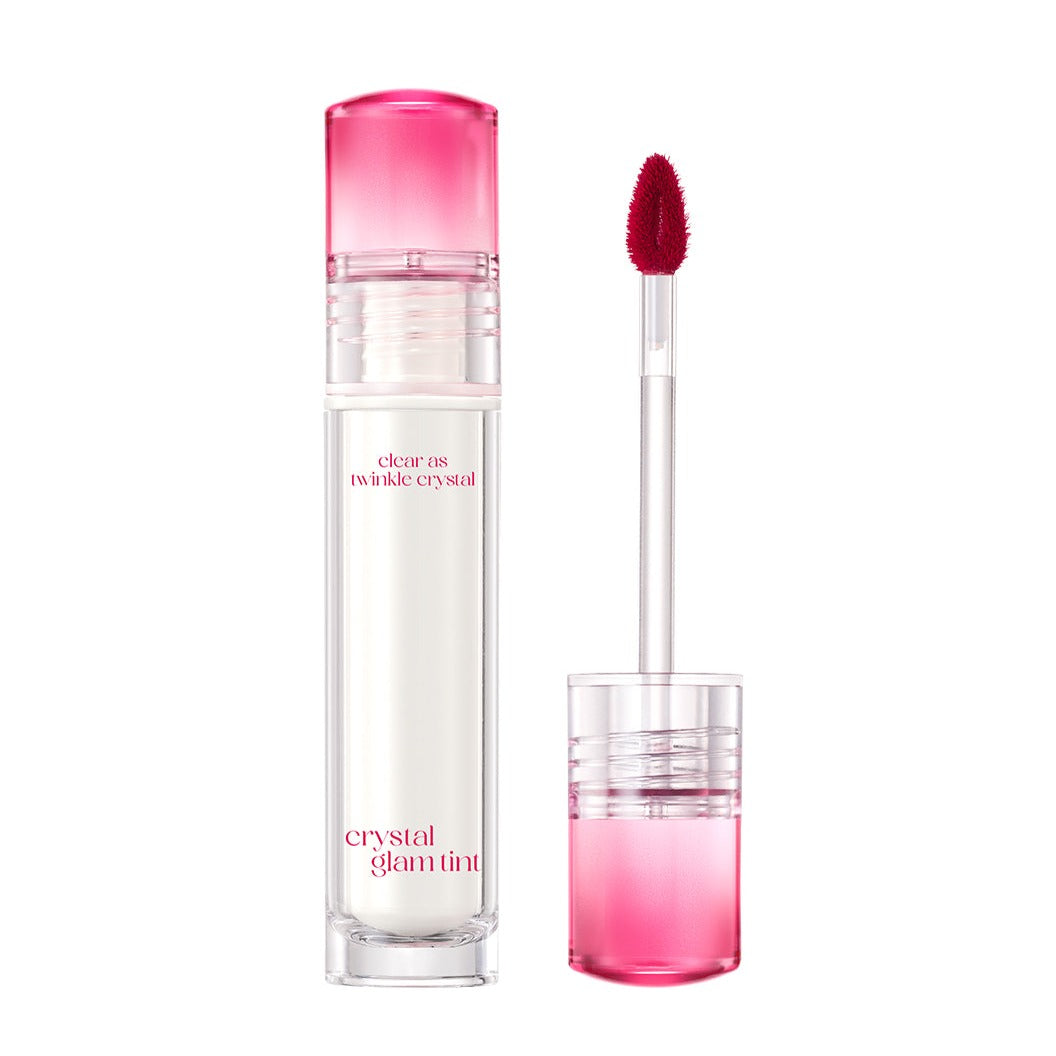 Clio Crystal Glam Lip Tint applied on lips, showcasing glossy, shimmering finish with a natural pink hue.