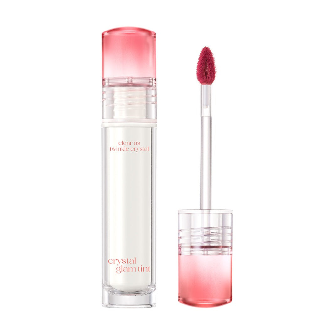 Clio Crystal Glam Lip Tint with a sleek tube design, showcasing the shimmering, glossy lip tint inside.