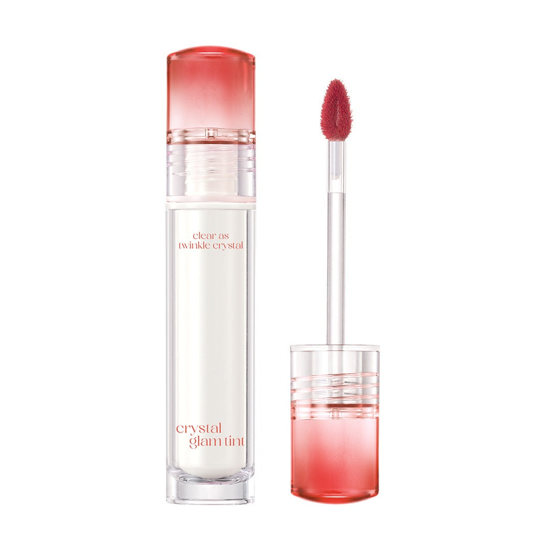 Clio Crystal Glam Lip Tint in a sleek tube, showcasing its vibrant color and glossy finish for luscious, tinted lips.