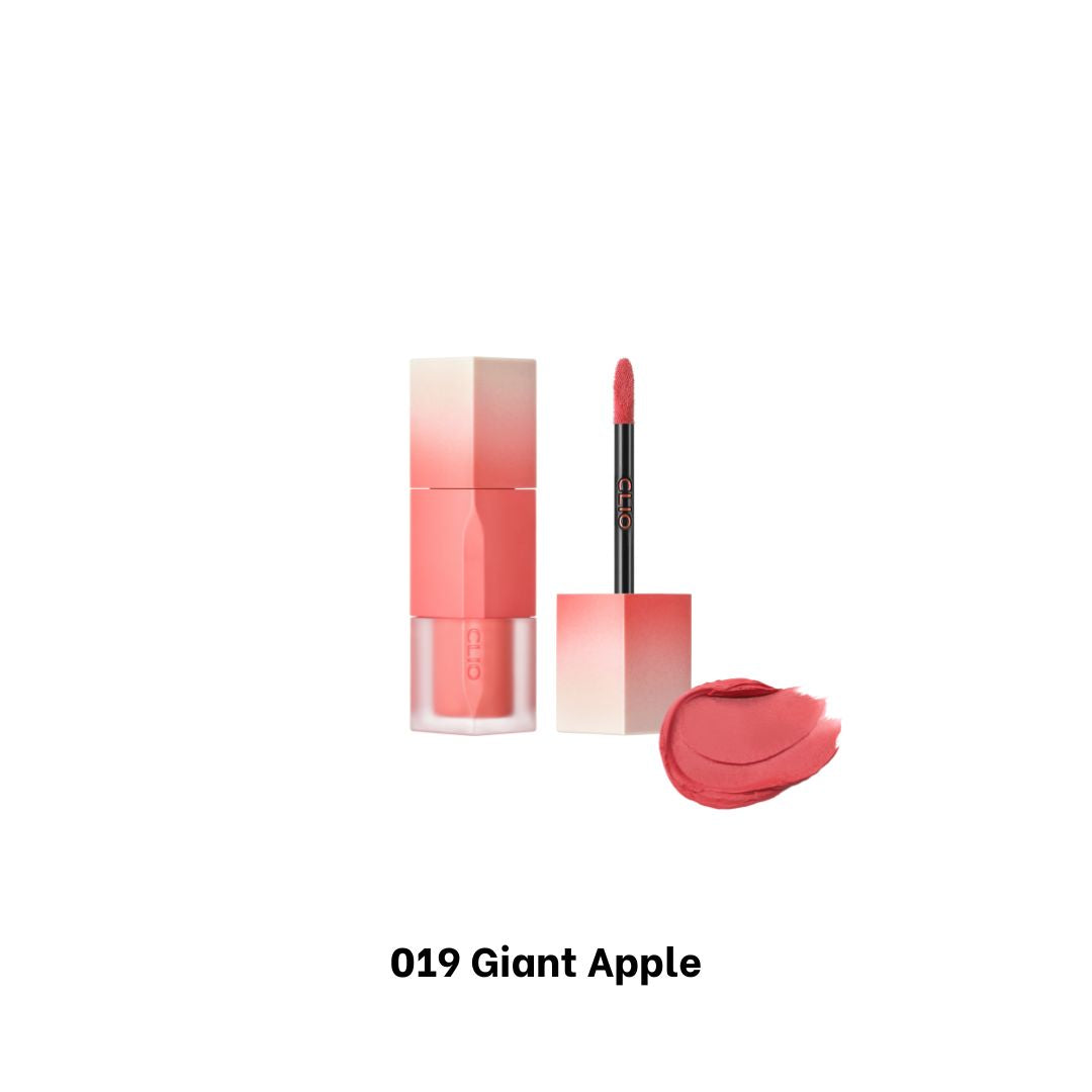 Clio Chiffon Blur Tint lip tint in shade inspired by a giant apple, featuring smooth, fruity-colored lip gloss on lips.