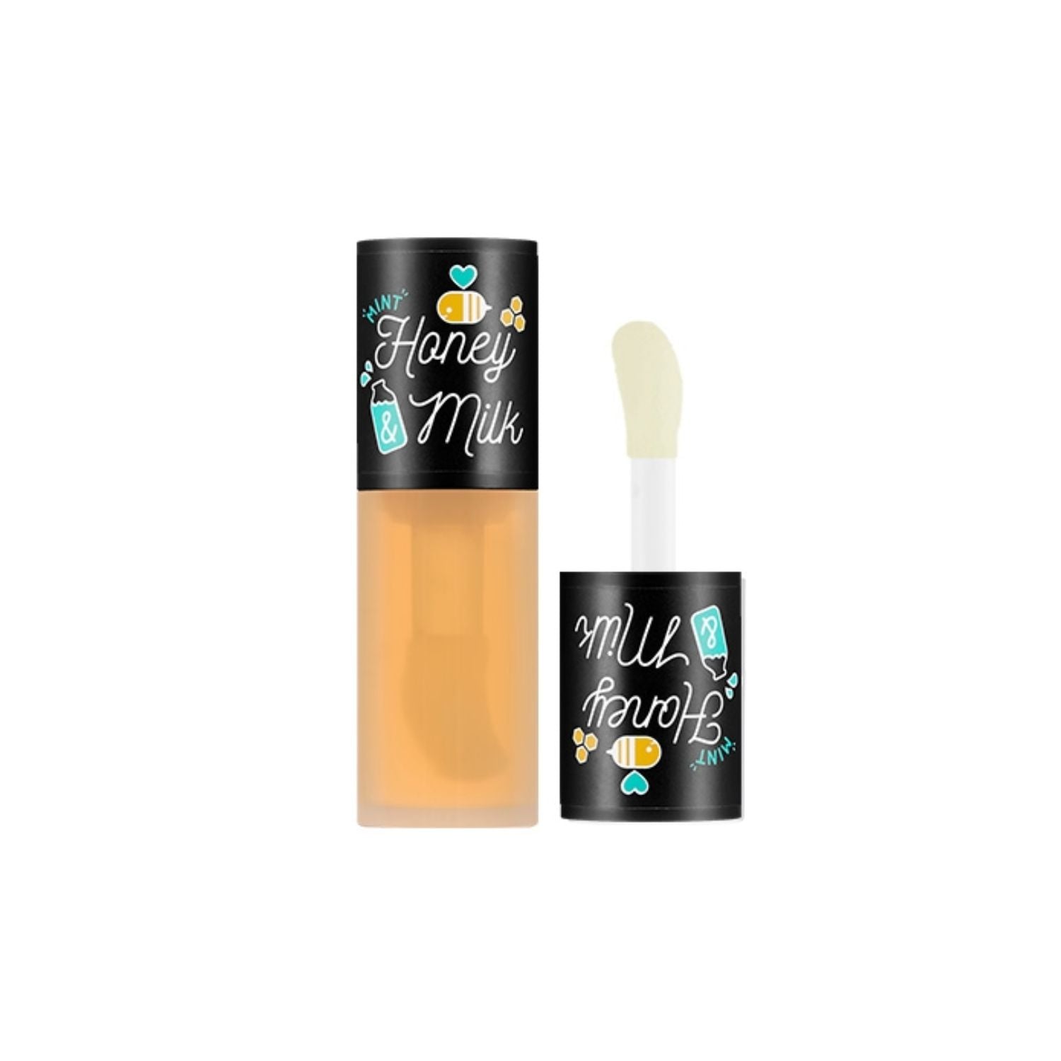 A'pieu Honey & Milk Lip Oil and balm in a nude peach shade, featuring a sleek tube with a clear cap and applicator.