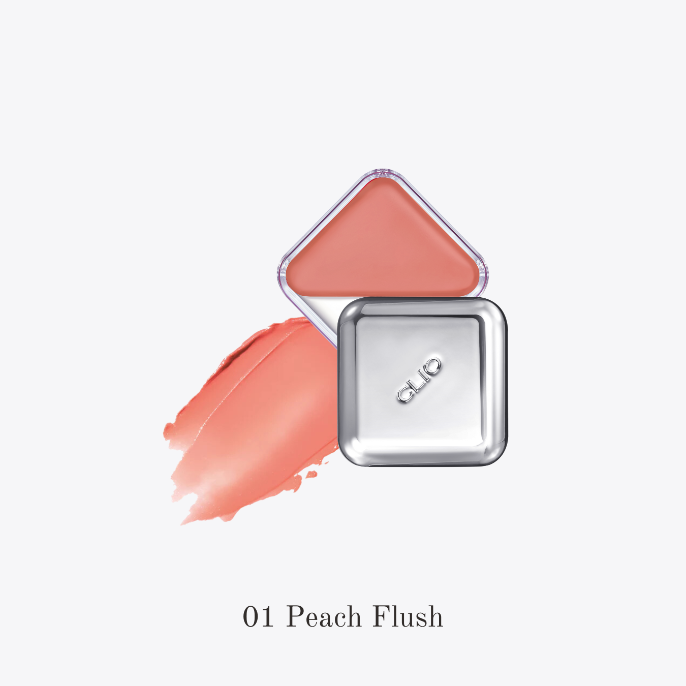 Clio Essential Lipcheek Tap blush in Peach Flush, showing a peach-toned blush compact with a mirror and applicator.