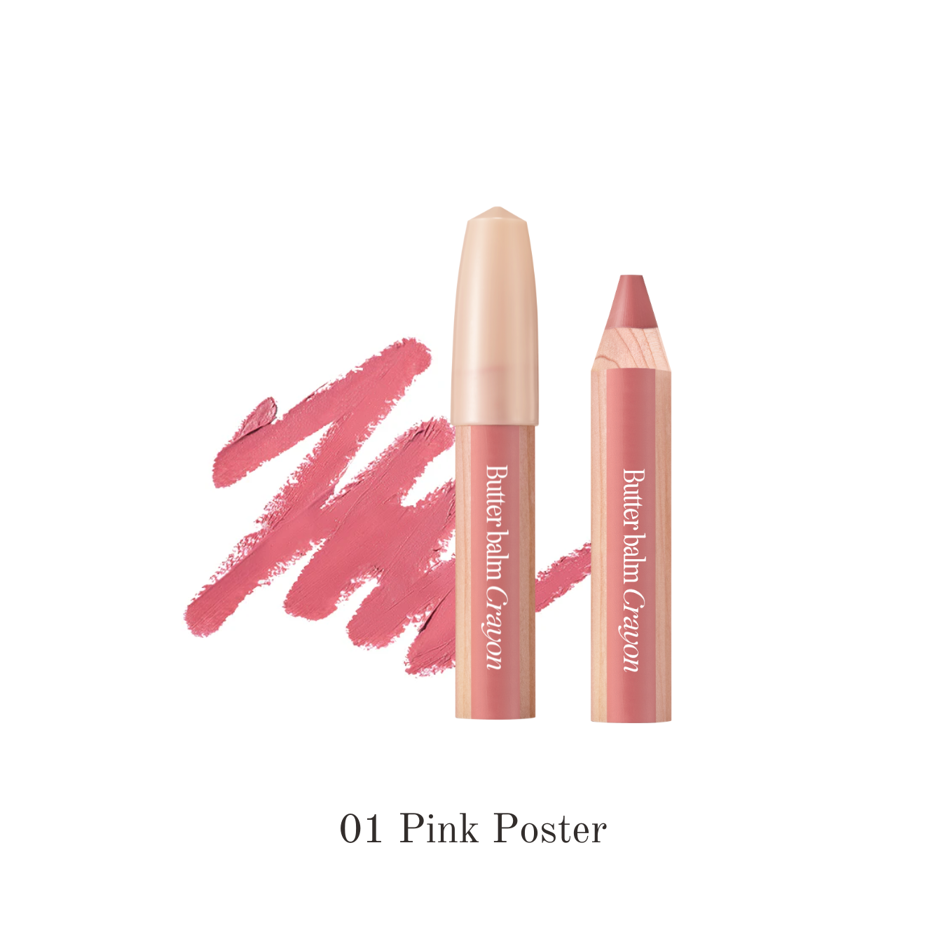 Clio Butter Balm Crayon lipstick in pink, showing the crayon form and pink packaging on a poster background.