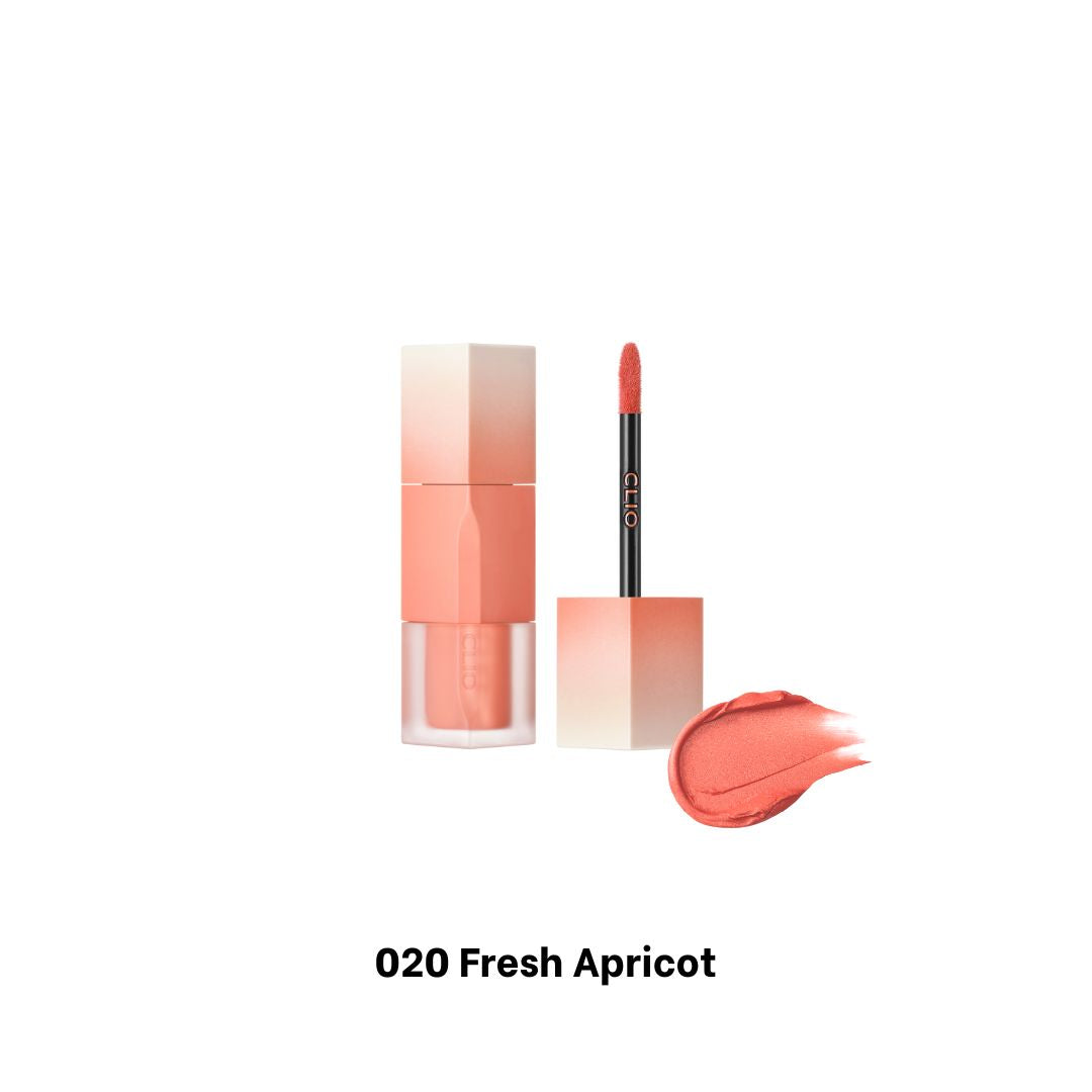 Clio Chiffon Blur Tint lip tint in Fresh Apricot shade, featuring a smooth, lightweight formula and vibrant orange color in a tube