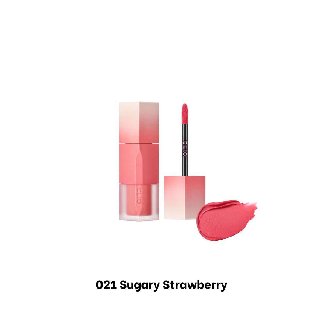 Clio Chiffon Blur Tint in Sugary Strawberry, pink lip tint with a smooth, glossy finish, showcased on a model's lips.