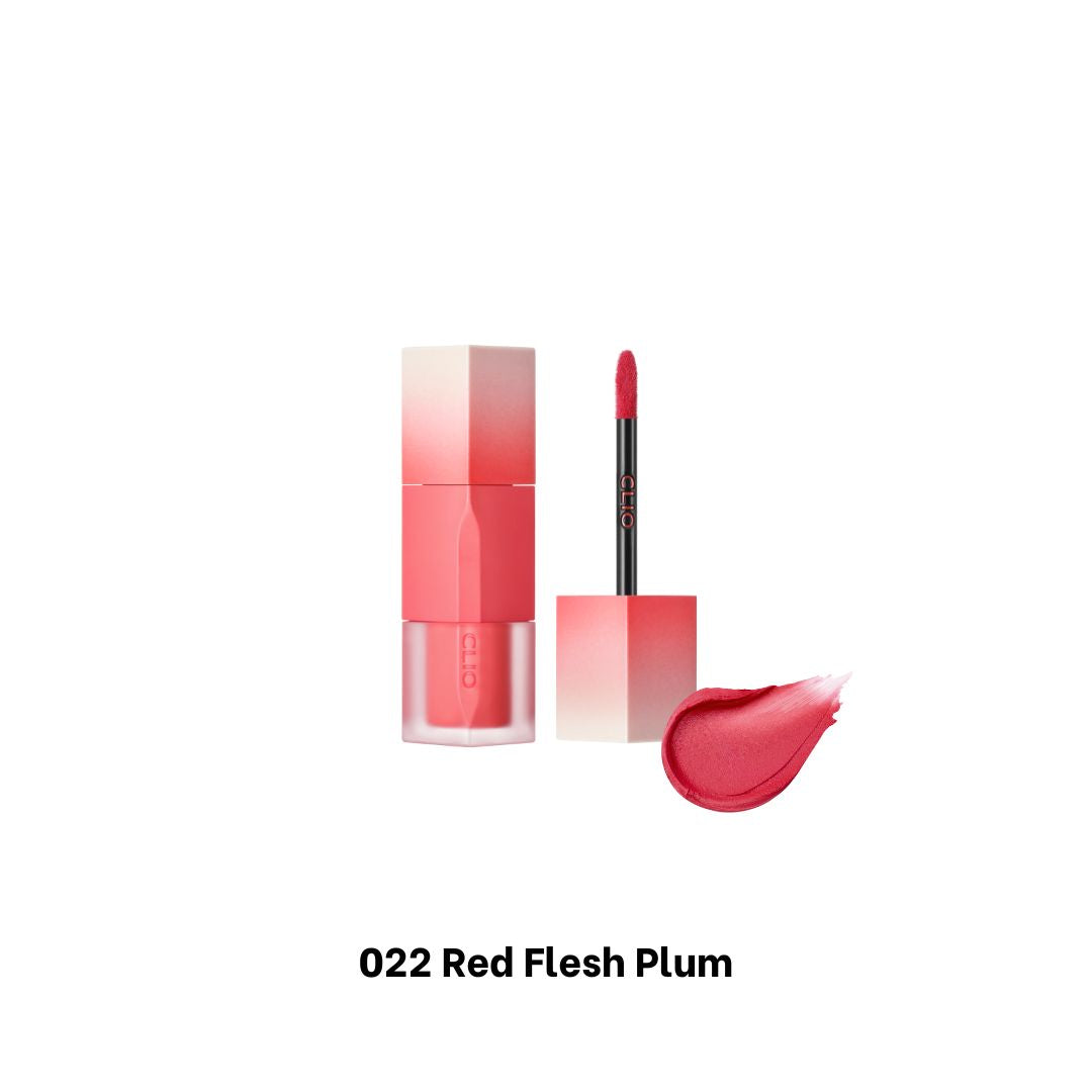 Clio Chiffon Blur Tint lip tint in red flesh plum shade, featuring a smooth, glossy finish on lips.