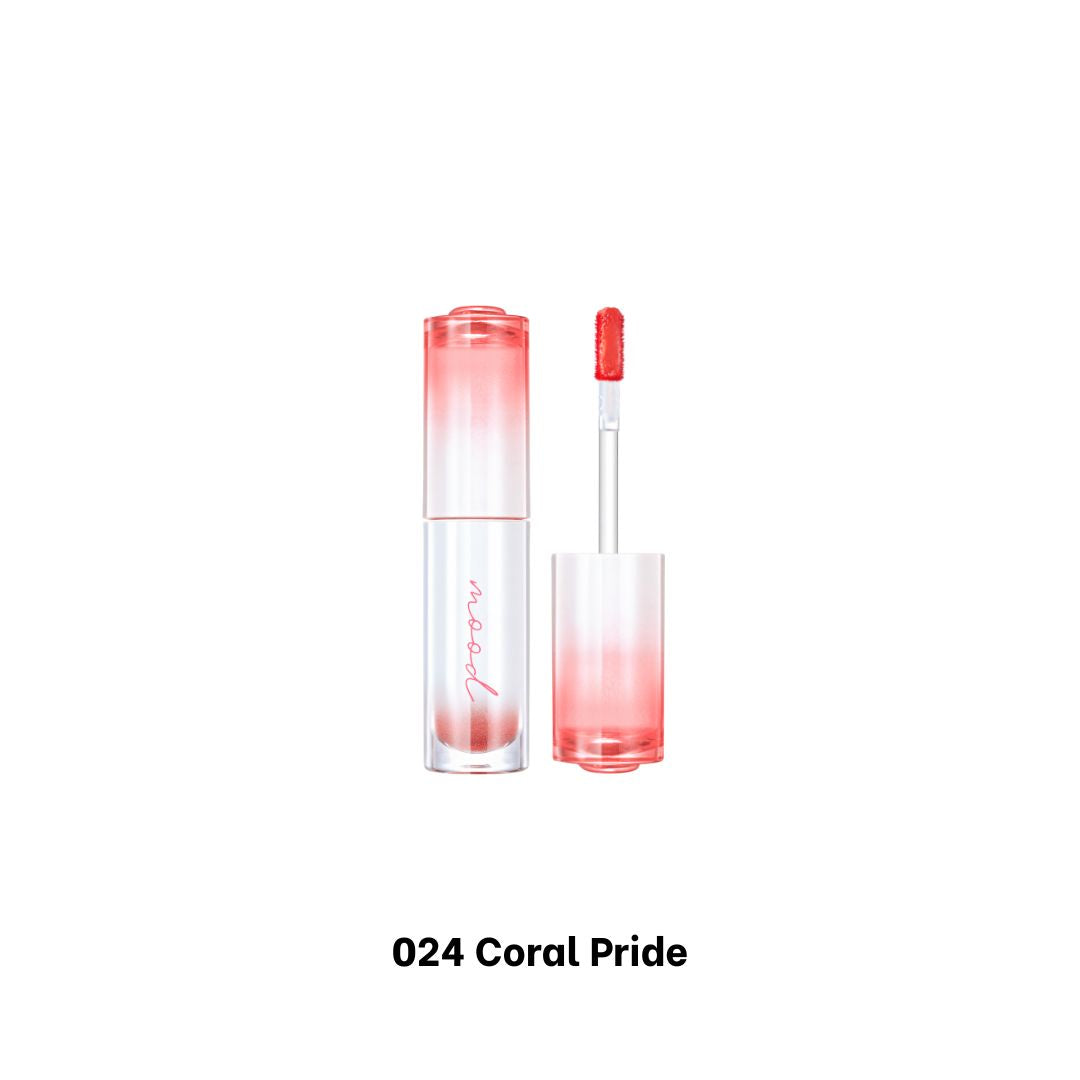 Peripera Ink Mood Glowy Tint in Soda Cafe Version, coral shade, creamy lip tint with glossy finish, displayed in a sleek tube.