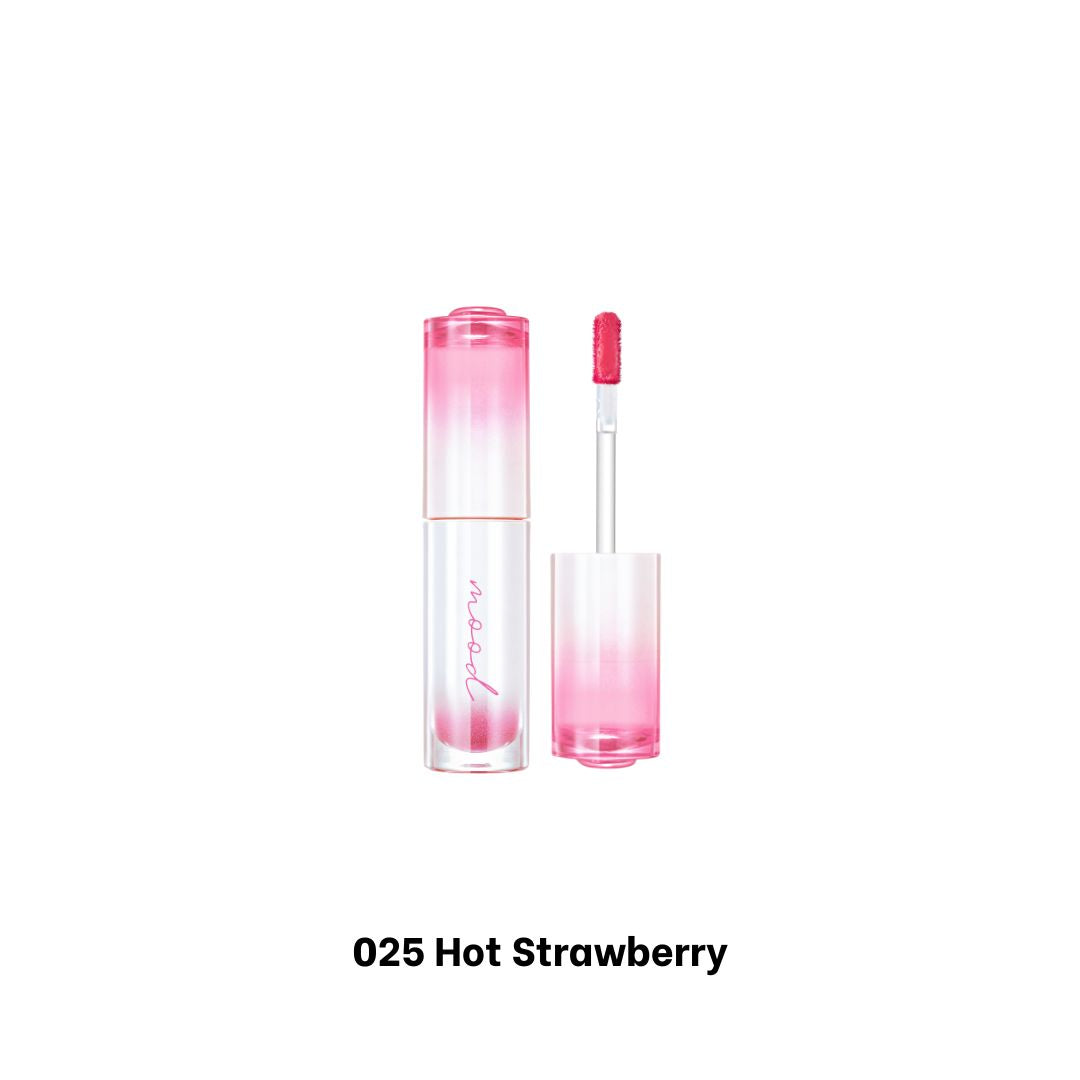 Peripera Ink Mood Glowy Tint in Soda Cafe version, showing bright hot strawberry lip tint on lips with a glossy finish.