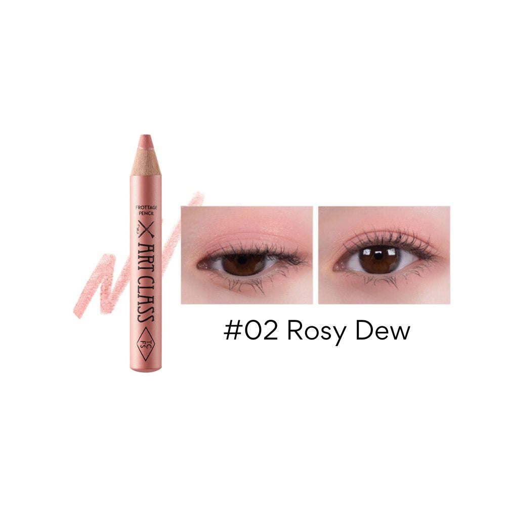 Too Cool For School Artclass Frottage Pencil eyeshadow in a soft, blended brown shade, with the pencil and swatched color visible.