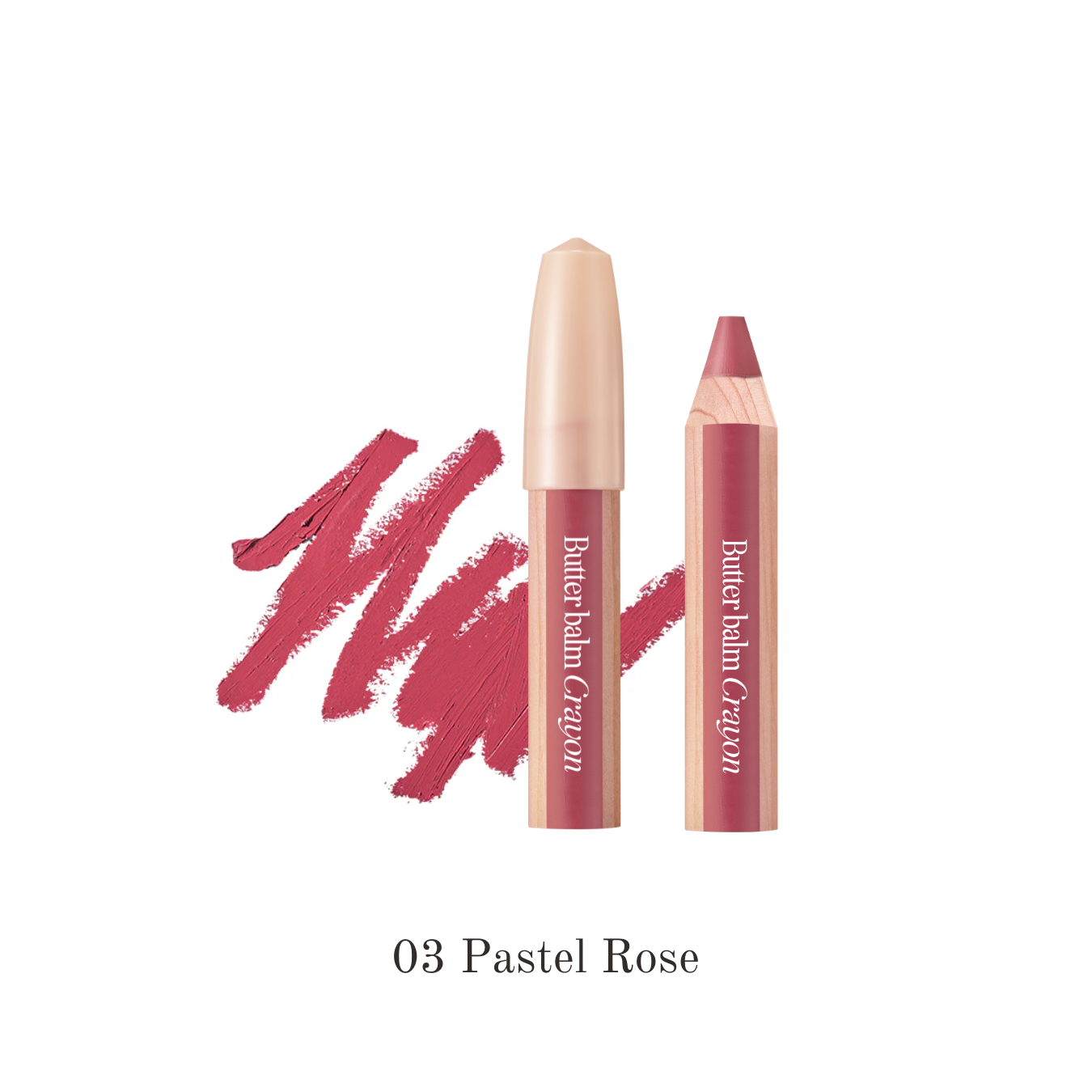 Clio Butter Balm Crayon lipstick in pastel rose shade, creamy textured lip color displayed on the product packaging.
