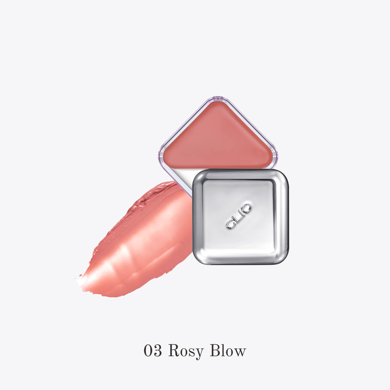 Clio Essential Lipcheek Tap blush in rosy shade, showing a compact with soft pink powder for lips and cheeks.