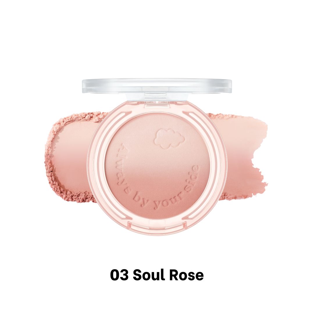 Peripera Pure Blushed Custom Cheek blush in Soul Rose shade, showcasing a soft pink powder blush in a sleek compact.