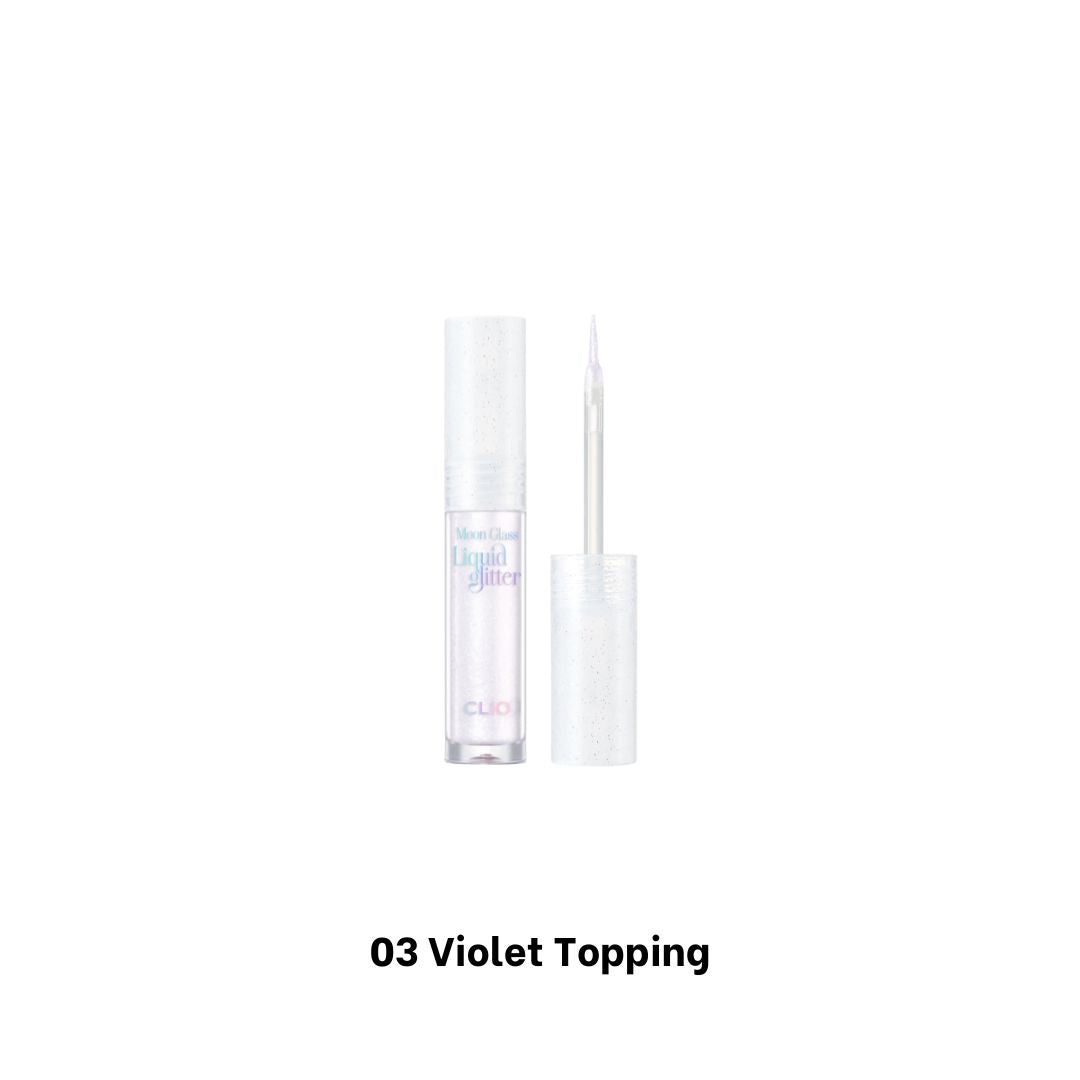 Clio Moon Glass Liquid Glitter eyeshadow in Sweet Cloud with violet and iridescent shimmer, showcasing a vibrant, glittery eye look.