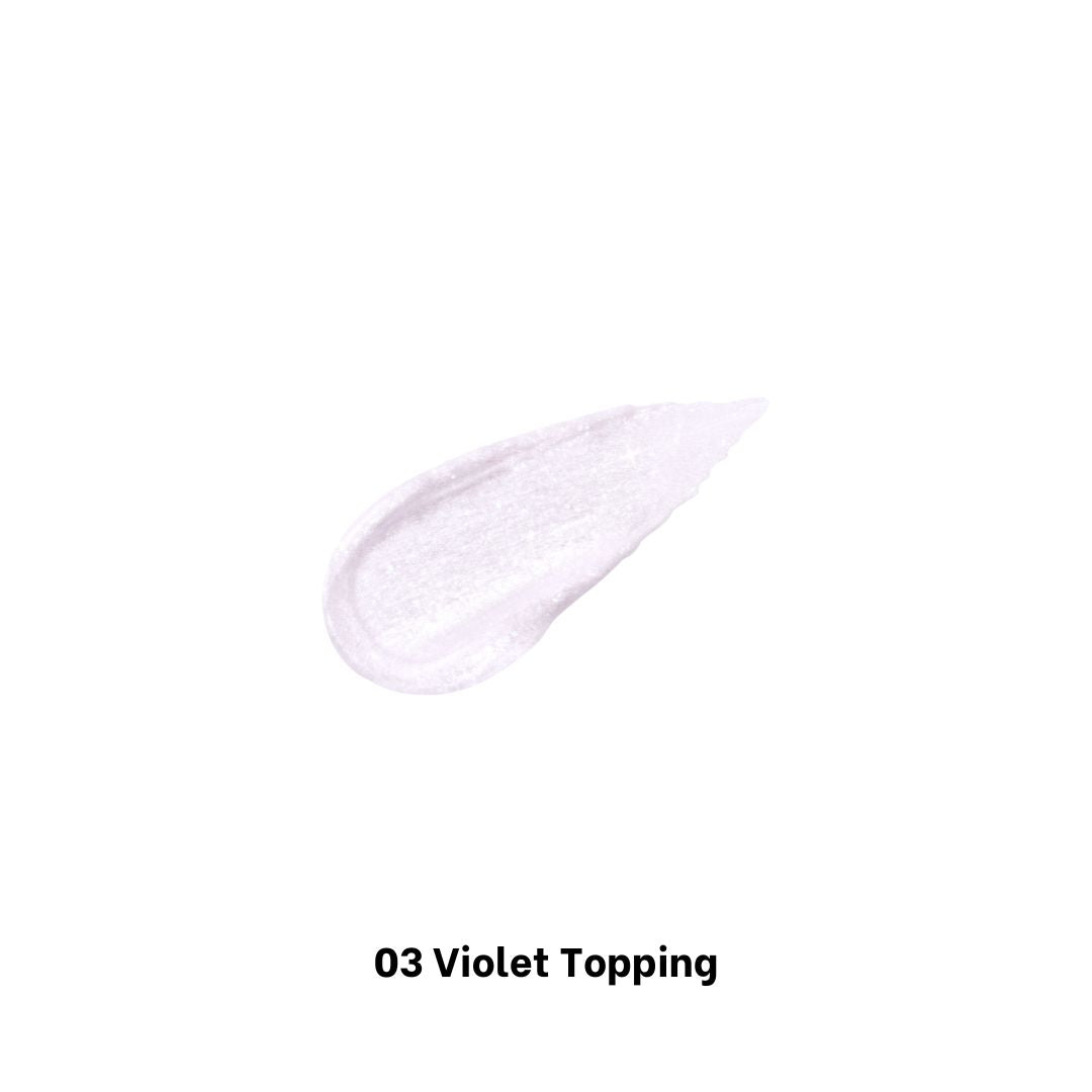 Clio Moon Glass Liquid Glitter eyeshadow in Sweet Cloud with violet topping, showcasing shimmering, textured makeup on eyelids.