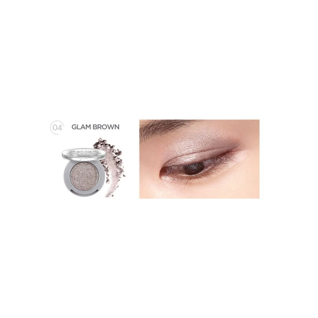 Klavuu Urban Pearlisation Sparkle Eyeshadow in Glam Brown, showcasing shimmering eyeshadow with a rich brown hue and multi-color sparkle.