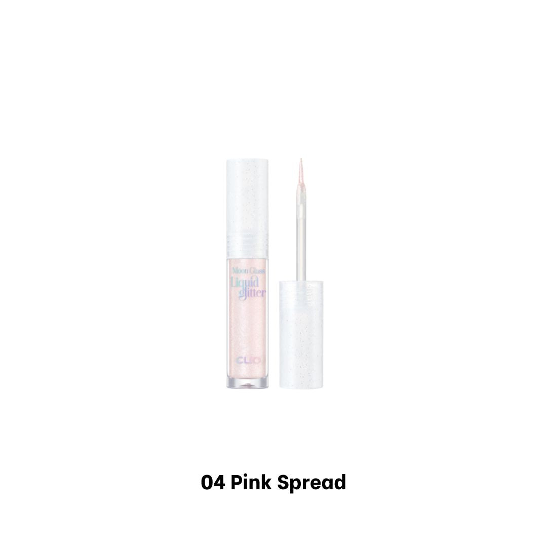 Clio Moon Glass Liquid Glitter Eyeshadow in Sweet Cloud with pink, sparkly, spread formula showing shimmering eye makeup.