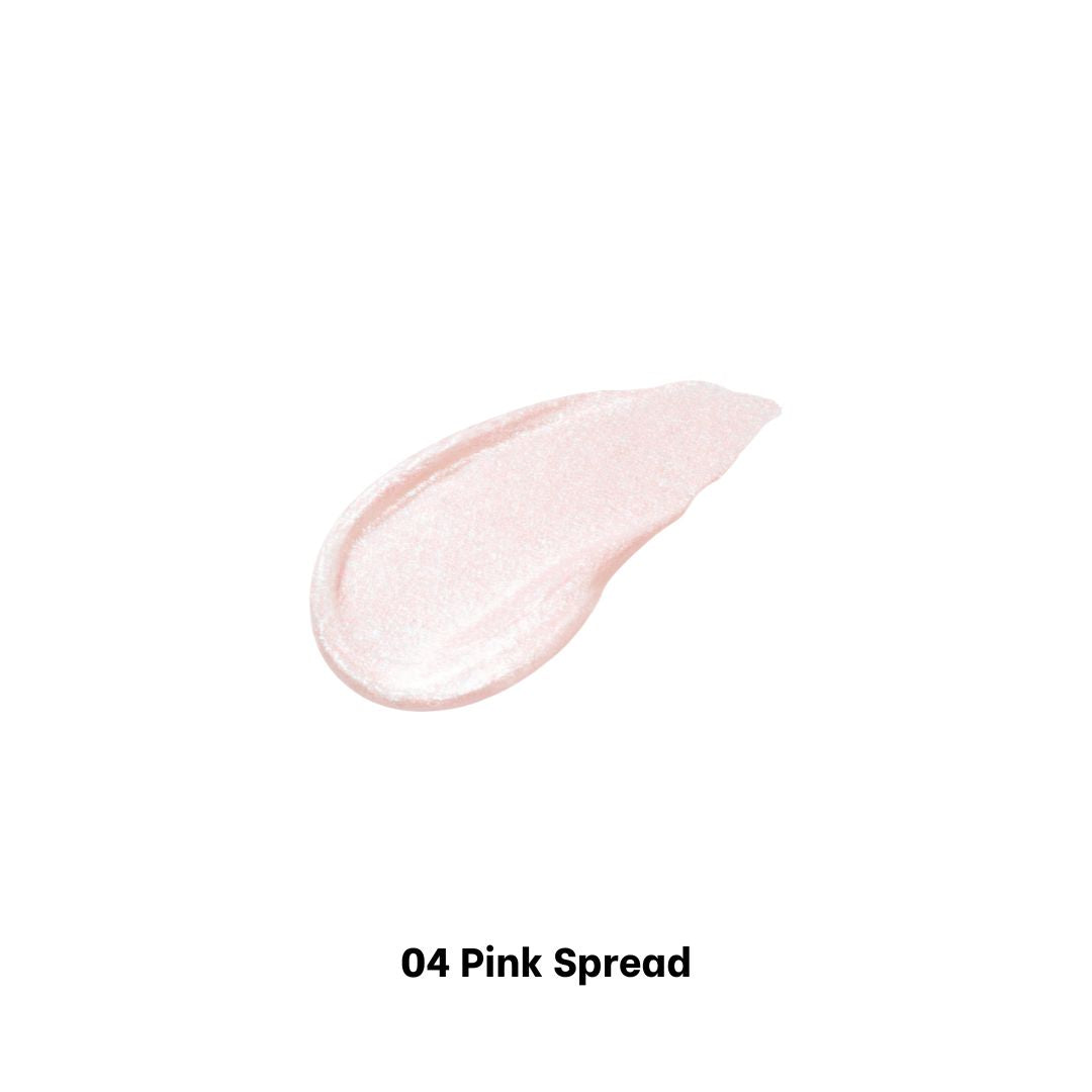 Clio Moon Glass Liquid Glitter eyeshadow in Sweet Cloud with pink, iridescent shimmer and spread texture on a neutral background.