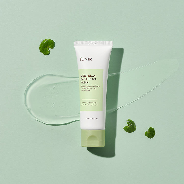 iUNIK Centella Calming Gel Cream, 60ml face moisturizer in a clear jar with green and white packaging and a smooth gel texture.