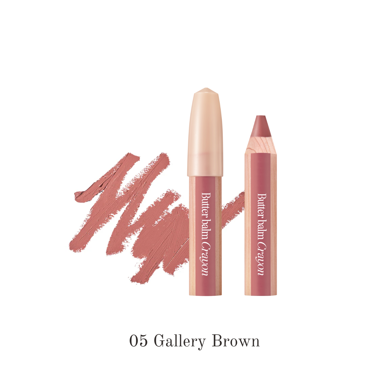 Clio Butter Balm Crayon lipstick in a warm brown shade, shown in a close-up image highlighting its creamy texture and sleek design.