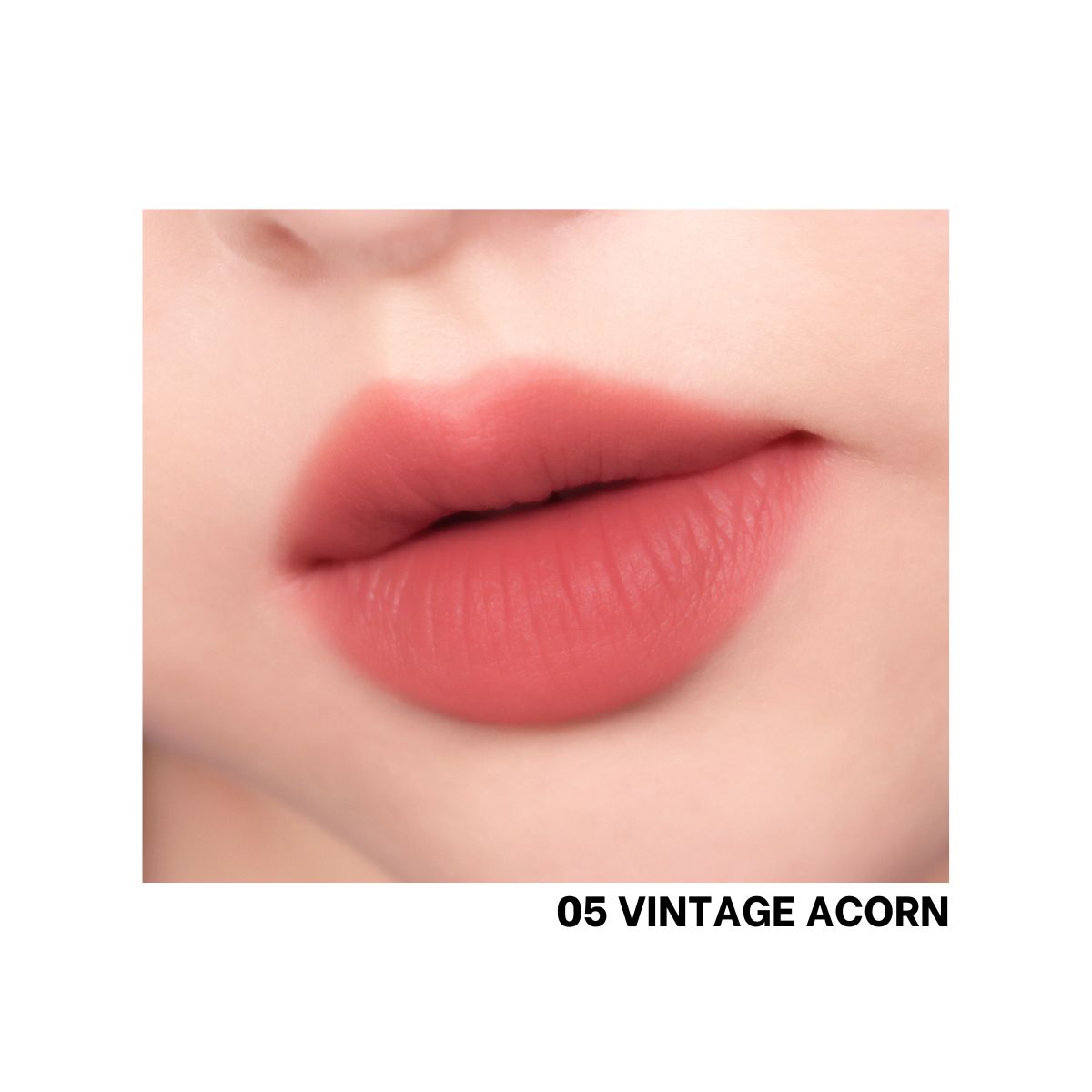 Peripera Over Blur Tint lip tint in Vintage Acorn shade, showcasing a natural, soft brown lip color on a model.
