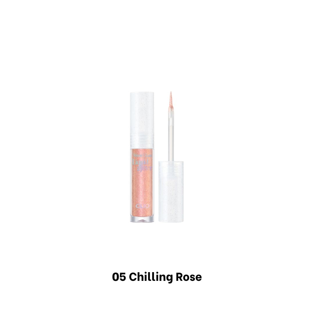 Clio Moon Glass Liquid Glitter Eyeshadow in Sweet Cloud features shimmering pink and iridescent tones for eye makeup.