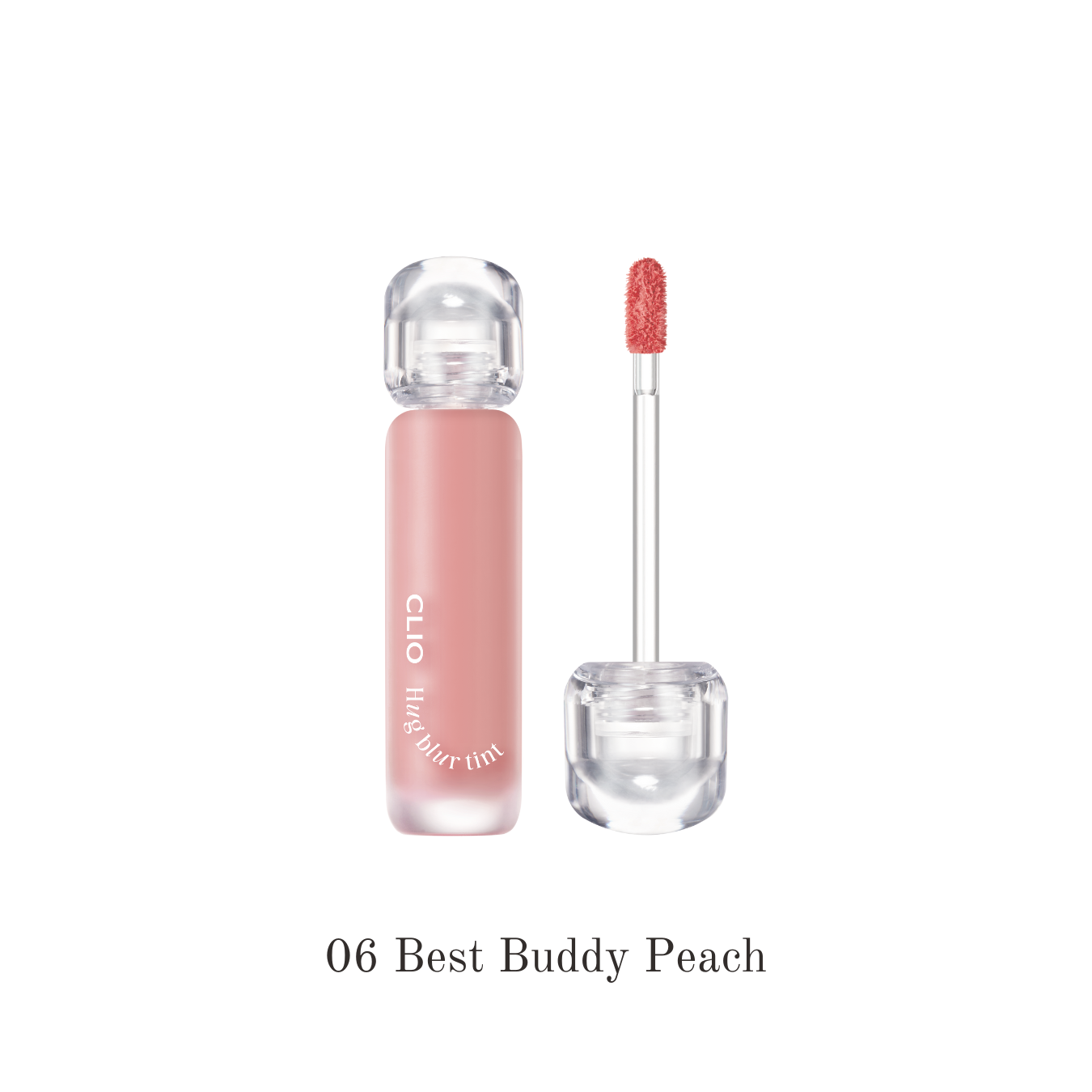 Clio Hug Blur Lip Tint in Best Buddy Peach, showing the peach-colored tint applied to lips with a smooth, natural finish.