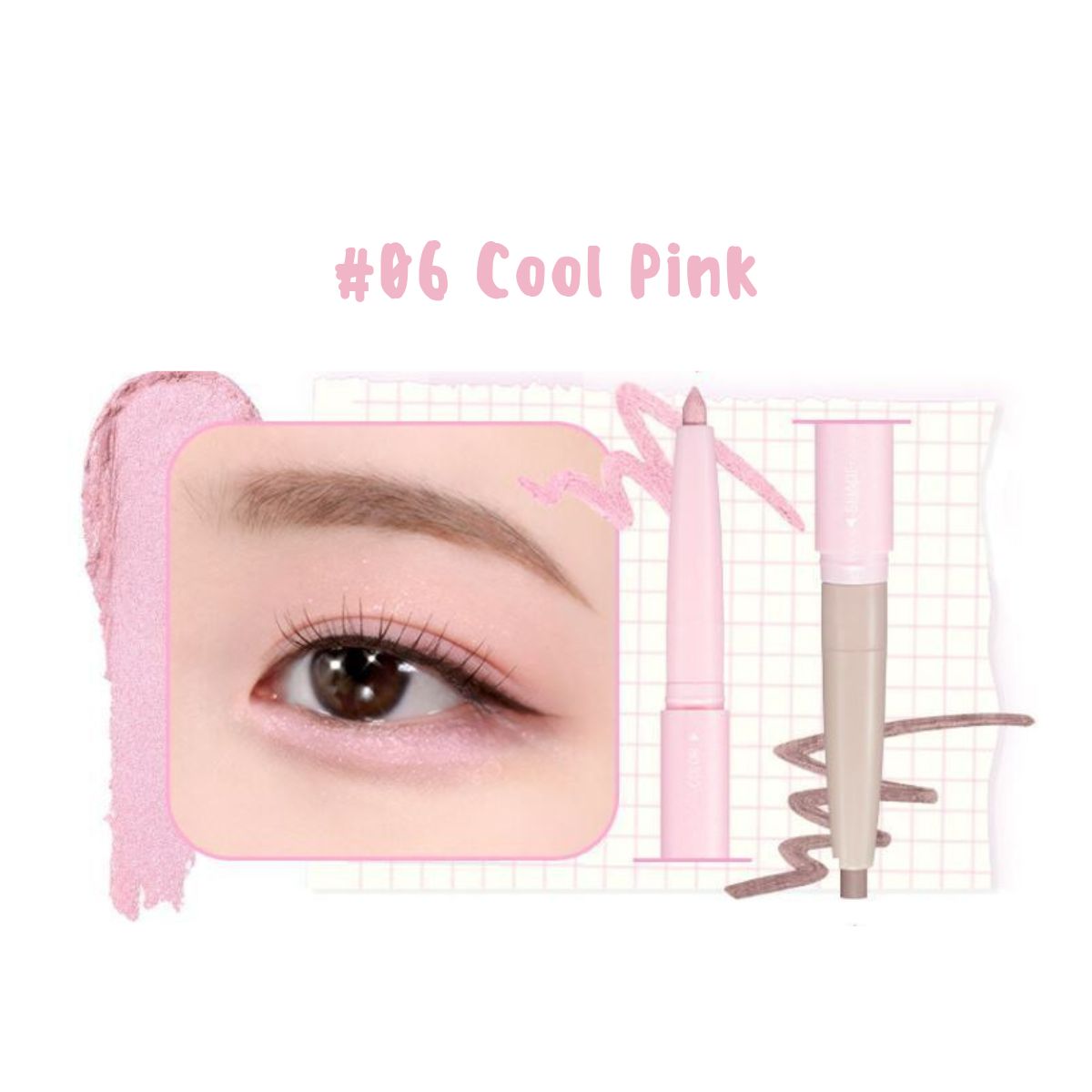 Colorgram All In One Aegyo-Sal Maker liquid eyeliner in cool pink applied to eyelids with precise brush strokes.
