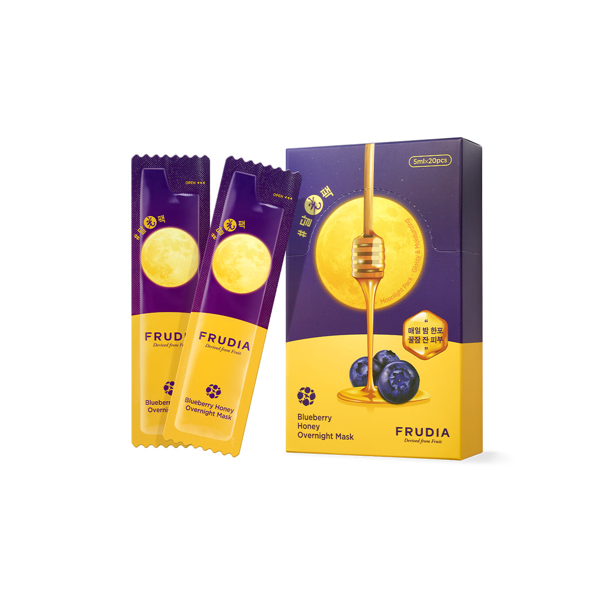 Frudia Blueberry Honey Overnight Mask packs, 20pcs of 5ml leave-on sleeping masks with blueberry and honey ingredients.