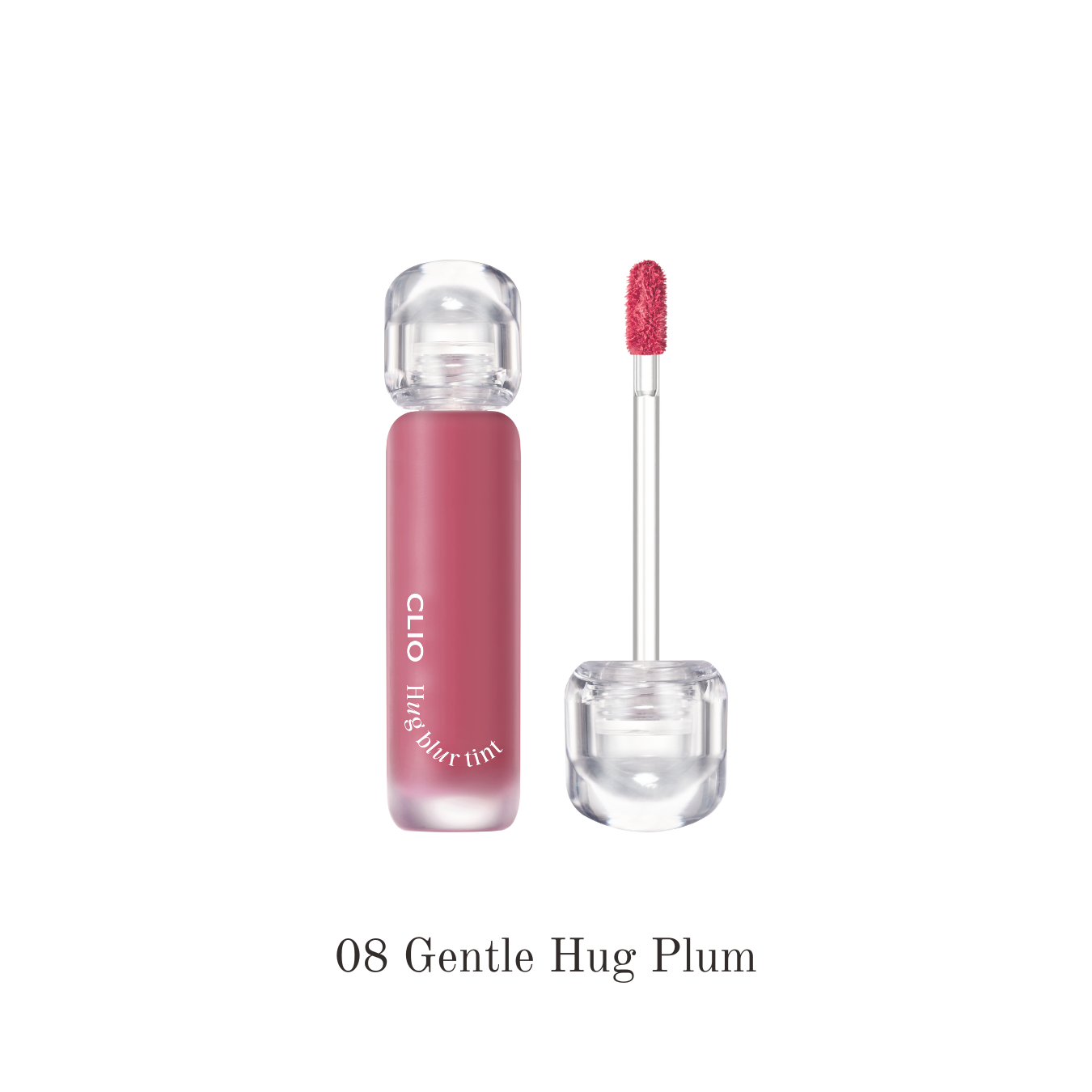 Clio Hug Blur Tint lip tint in gentle plum shade, showing smooth application on lips with a blurred, natural finish.