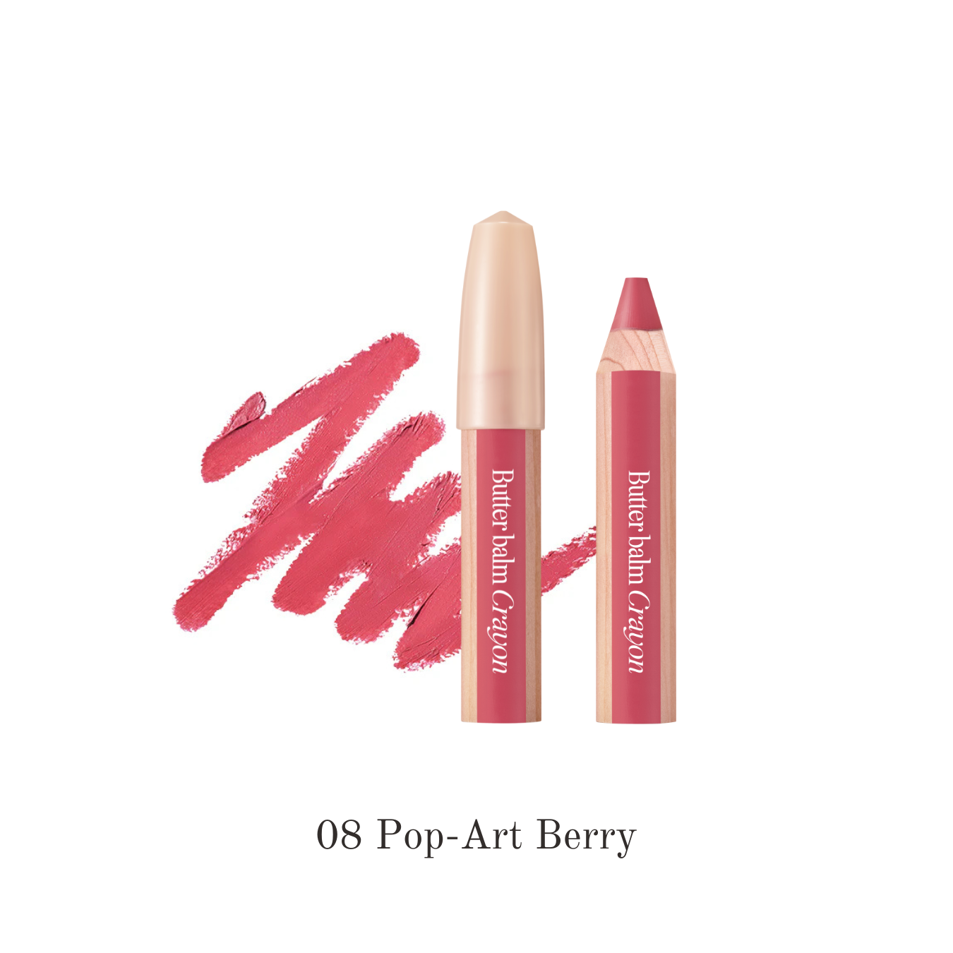 Clio Butter Balm Crayon lipstick in Pop Art Berry shade, showing the smooth, rounded crayon tip and vibrant color.