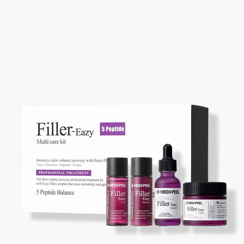 MEDIPEEL+ Eazy Filler Multi Care Kit with 30ml and 50g skincare products, featuring bottles and jars in a skincare set.