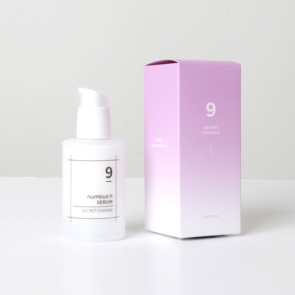 Numbuzin No.9 Secret Firming Serum 50ml bottle with dropper, showcasing its sleek design and label details.
