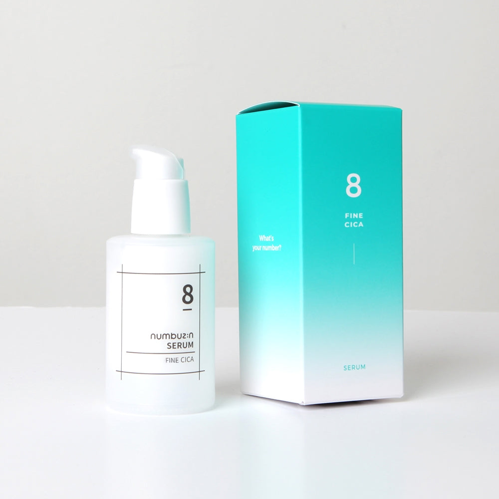 Numbuzin No. 8 Fine Cica Serum 50ml bottle with dropper, showcasing the sleek packaging and clear branding.