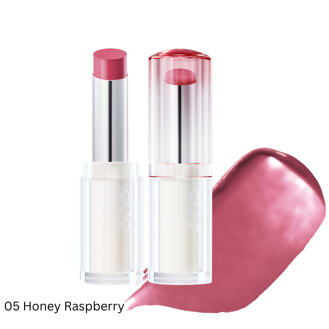 Clio Crystal Glam Balm lipstick in a sleek tube, with glossy, shimmering finish and clear packaging showcasing the product inside.