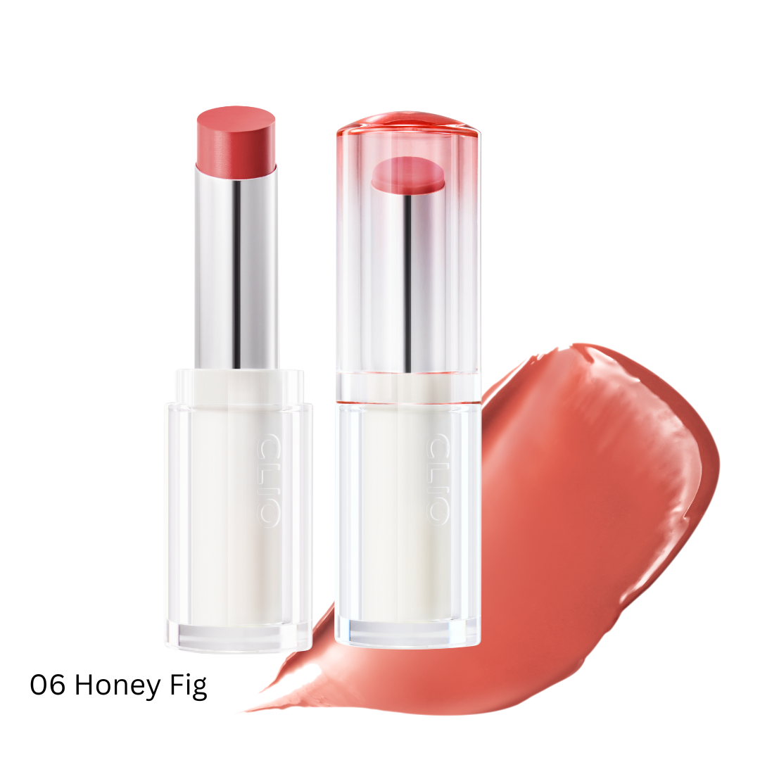 Clio Crystal Glam Balm lipstick with shimmering, transparent finish shown in sleek packaging.