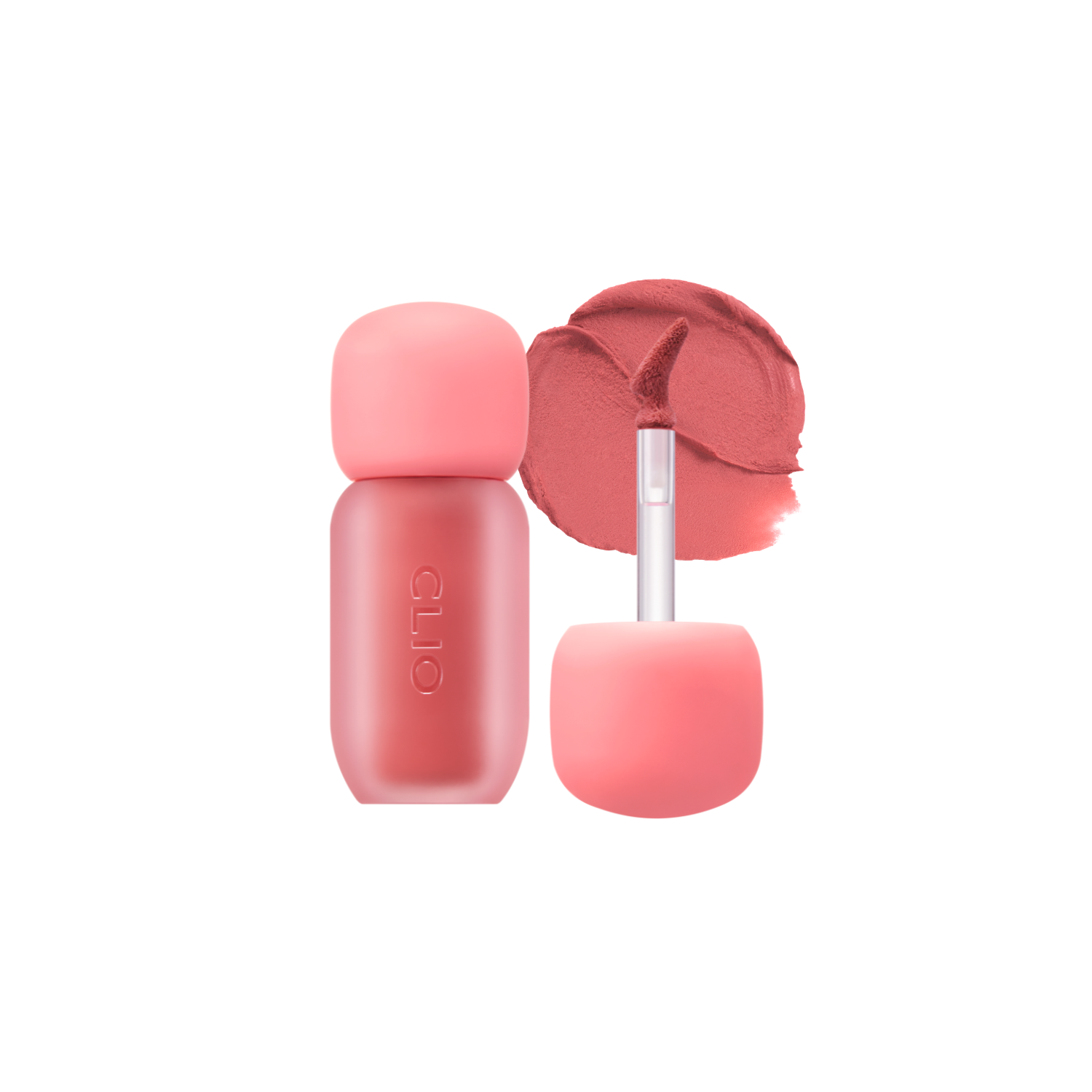 Clio Volumate Blur Tint lip tint in 8 shades, showing swatches of vibrant and natural lip color options.
