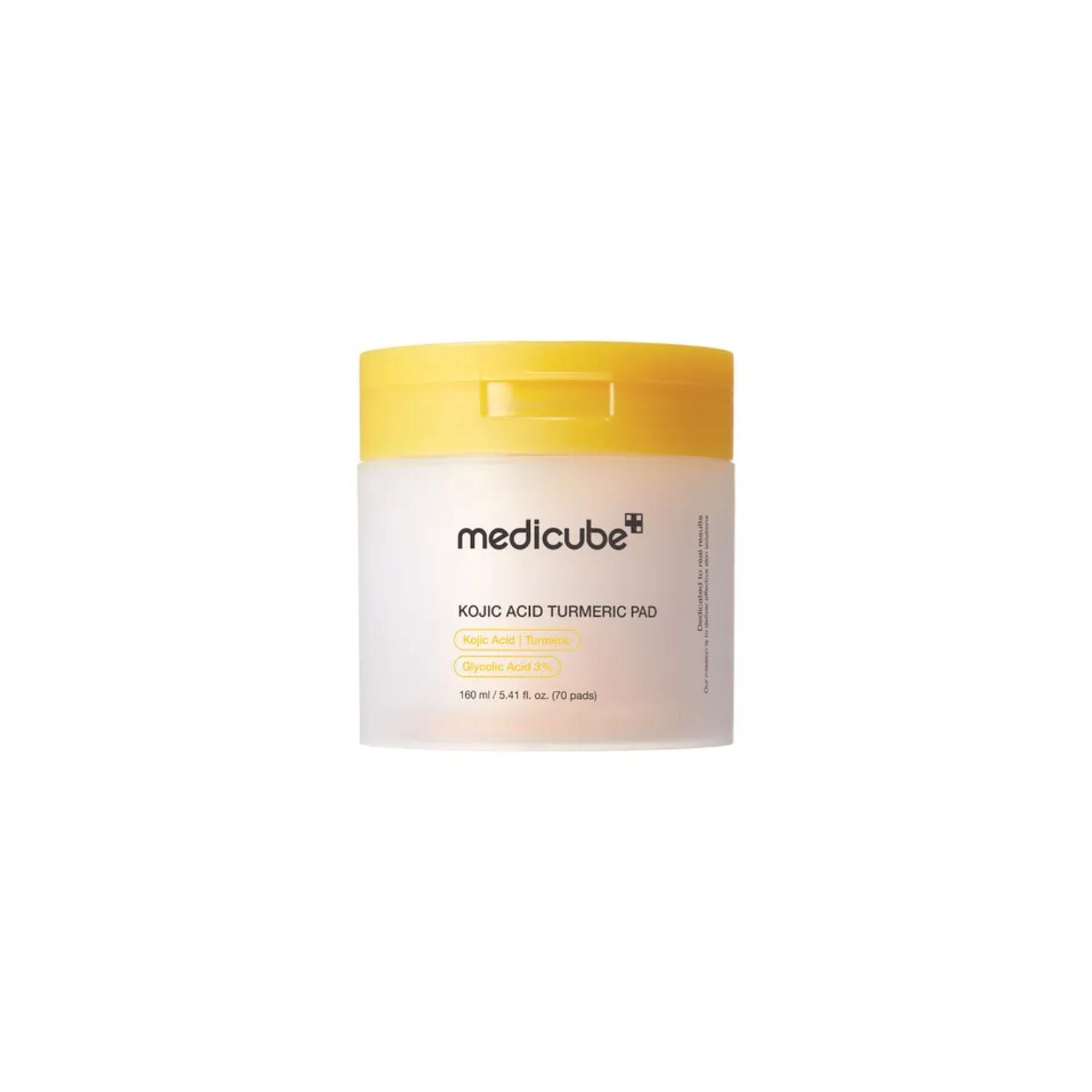 Medicube Kojic Acid Turmeric Toner Pad showing a stack of 70 skincare pads with turmeric and Kojic Acid ingredients.