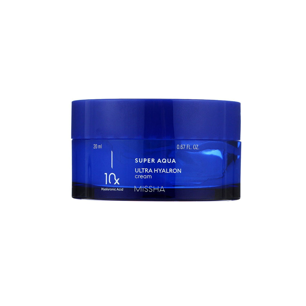 Missha Super Aqua Ultra Hyalron face moisturizer jar, 20ml, with blue and white packaging and product label on a white background.