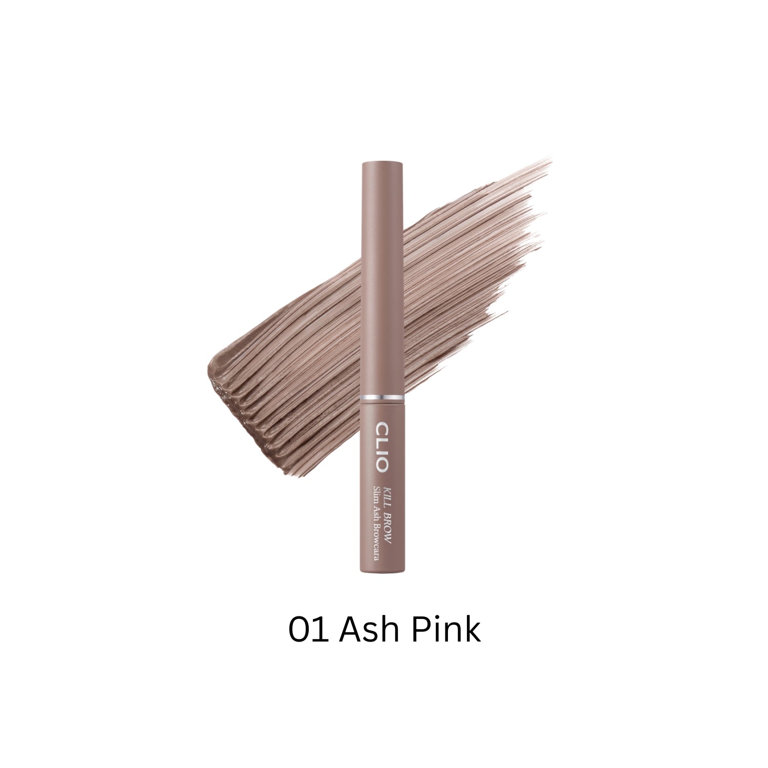 Clio Kill Brow Slim Ash eyebrowcara showing a slim brow brush and ash-colored eyebrow gel for defined eyebrows.
