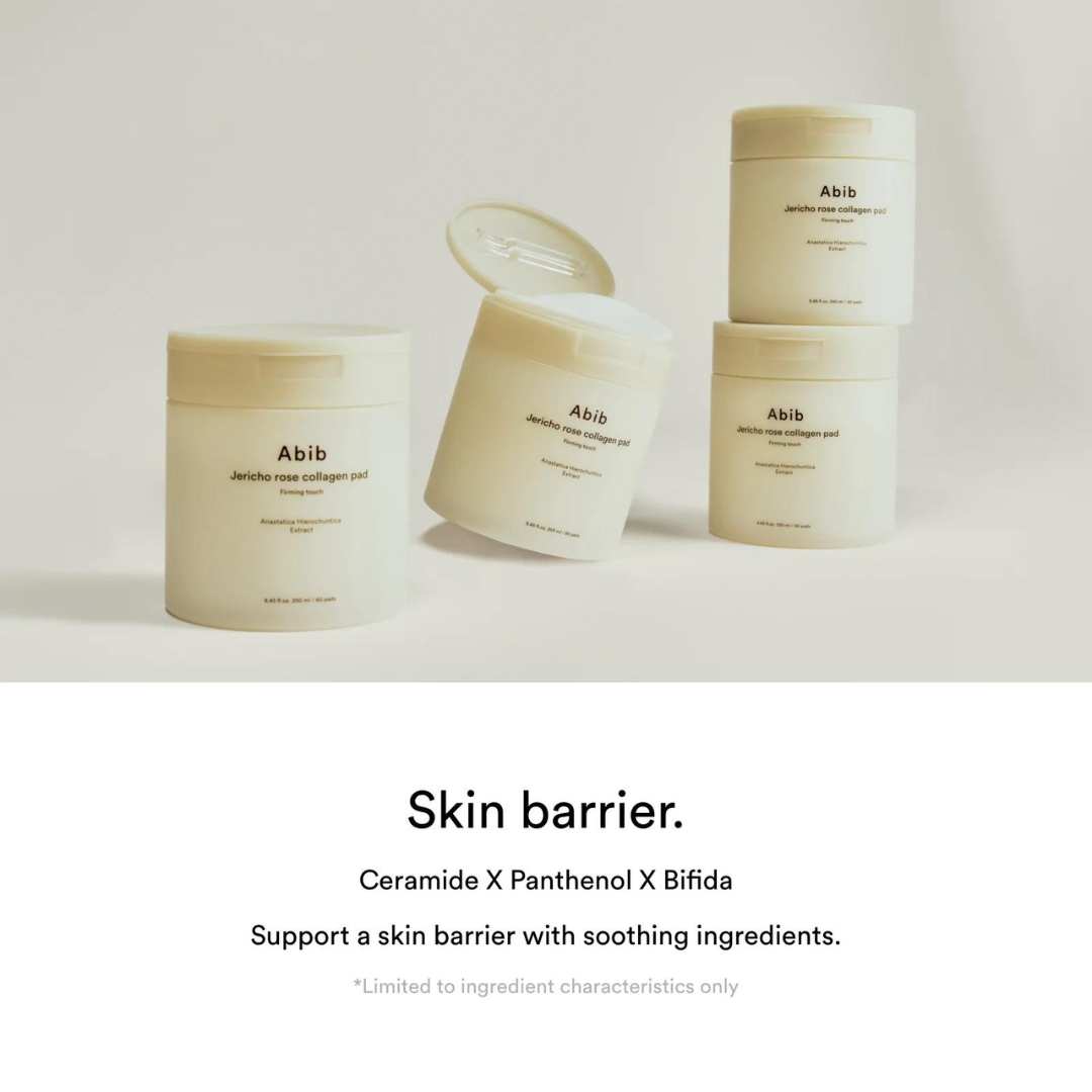 Abib Jericho Rose Collagen Pad toner pad with 60 pads for firming and hydration, featuring a soft, textured surface.