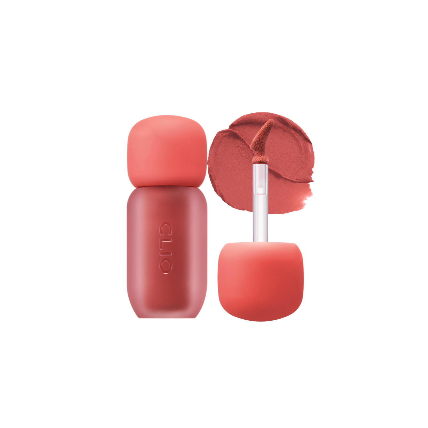 Clio Volumate Blur Tint lip tint in 8 shades, featuring a close-up of the tinted lips showing smooth, vibrant color and glossy finish.