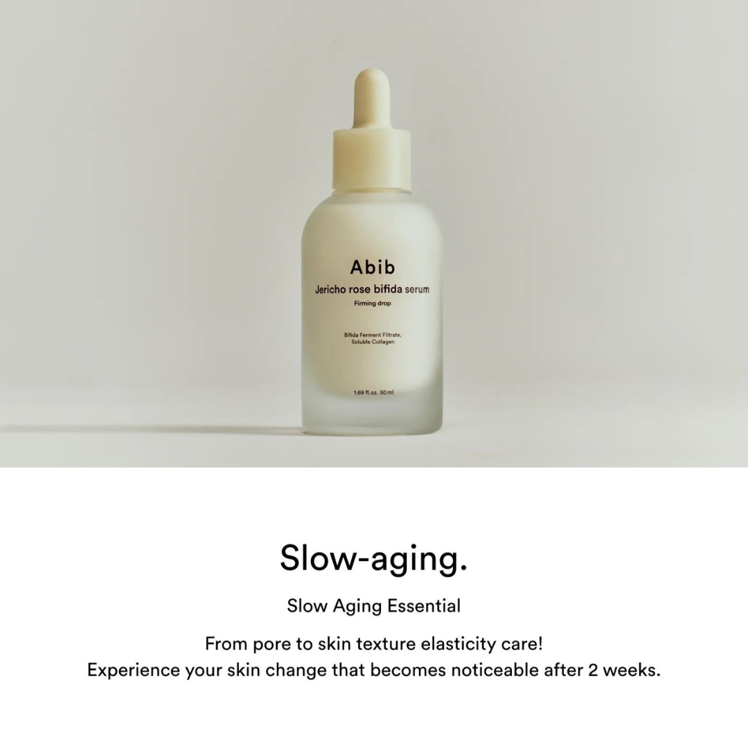 Abib Jericho Rose Bifida Serum bottle with dropper, 50ml, showcasing the serum's packaging and branding.