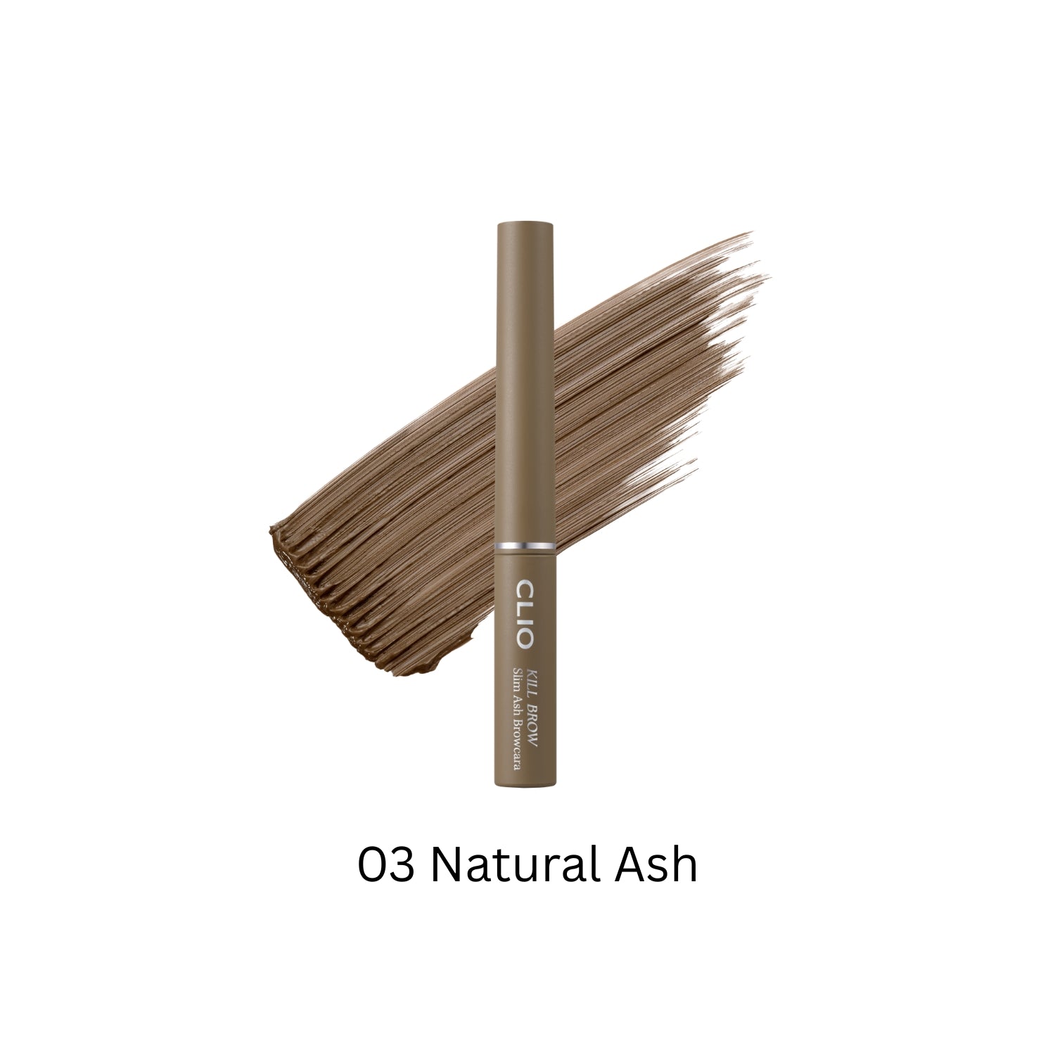 Clio Kill Brow Slim Ash Browcara applied to eyebrows, showcasing natural ash-brown color and precise brow shaping.