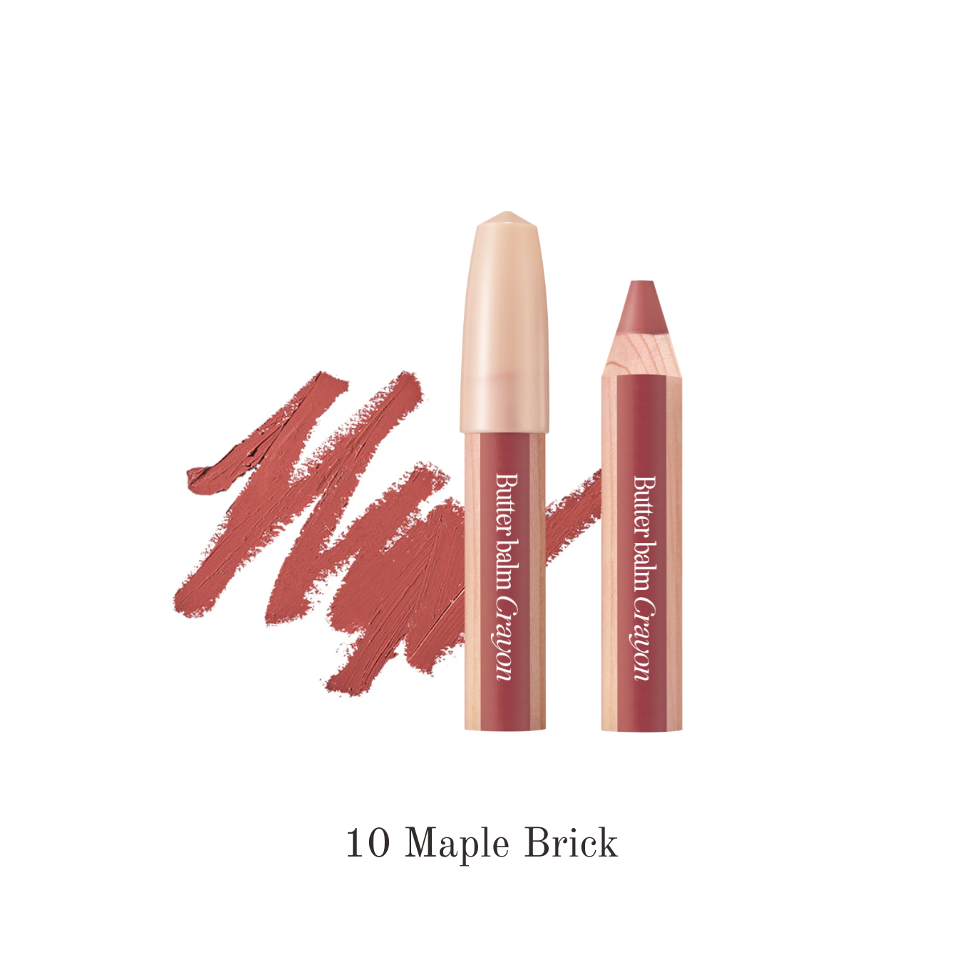 Clio Butter Balm Crayon lipstick in Maple Brick, showing the crayon-style lipstick with a warm brick shade.