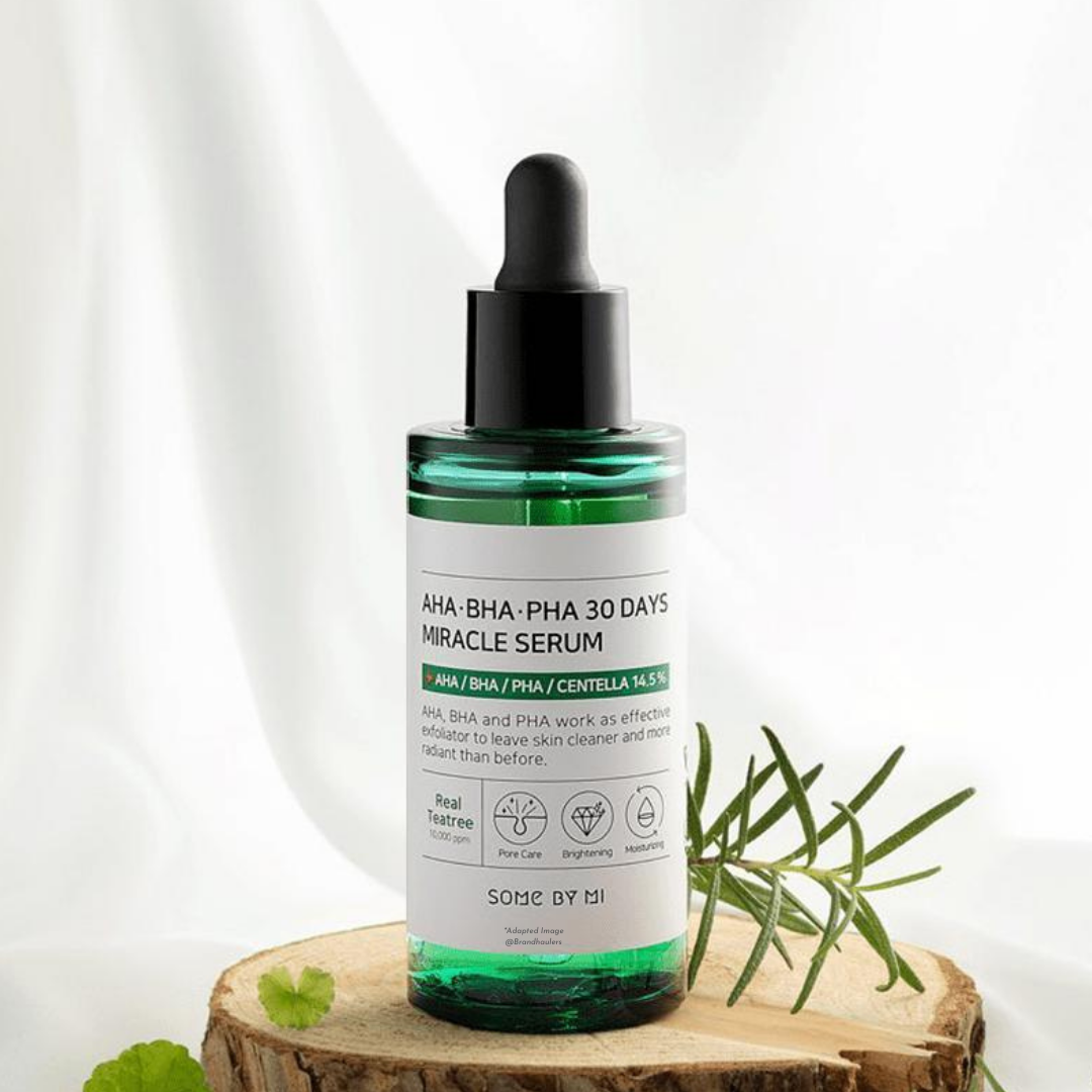 Some By Mi AHA BHA PHA 30 Days Miracle Serum 50ml bottle, clear liquid in a pump dispenser, skincare product for clear skin.