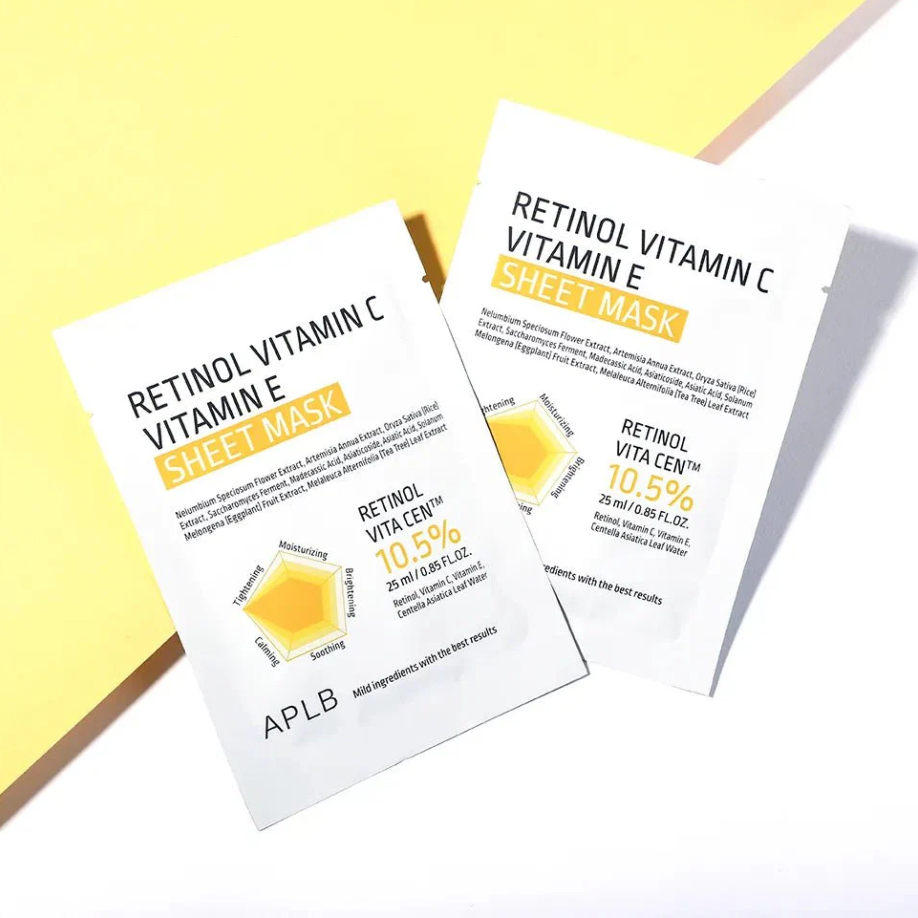 APLB Retinol, Vitamin C, and Vitamin E Sheet Mask for glowing skin, showing the mask soaked in serum ready to apply.