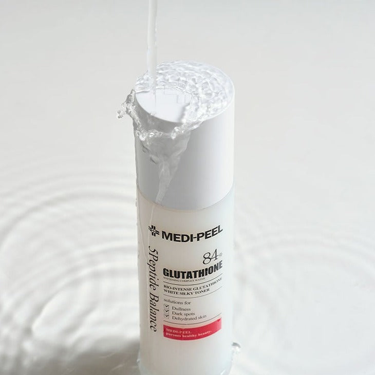 MEDIPEEL+ Bio-Intense Glutathione White Silky Toner 180ml bottle showing clear liquid and sleek packaging.